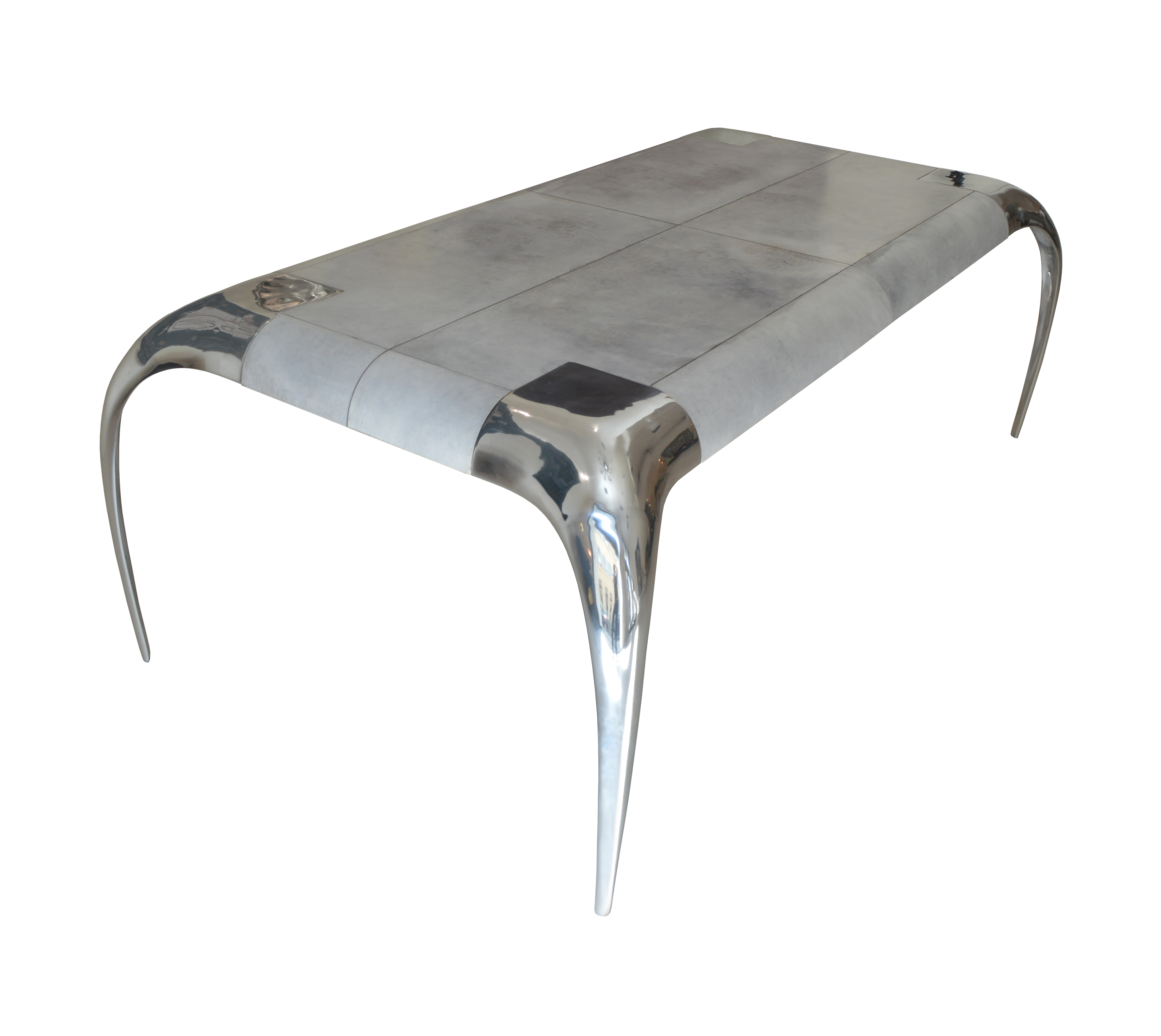 Ara table, collectible design table with parchment leather top and polished aluminium legs