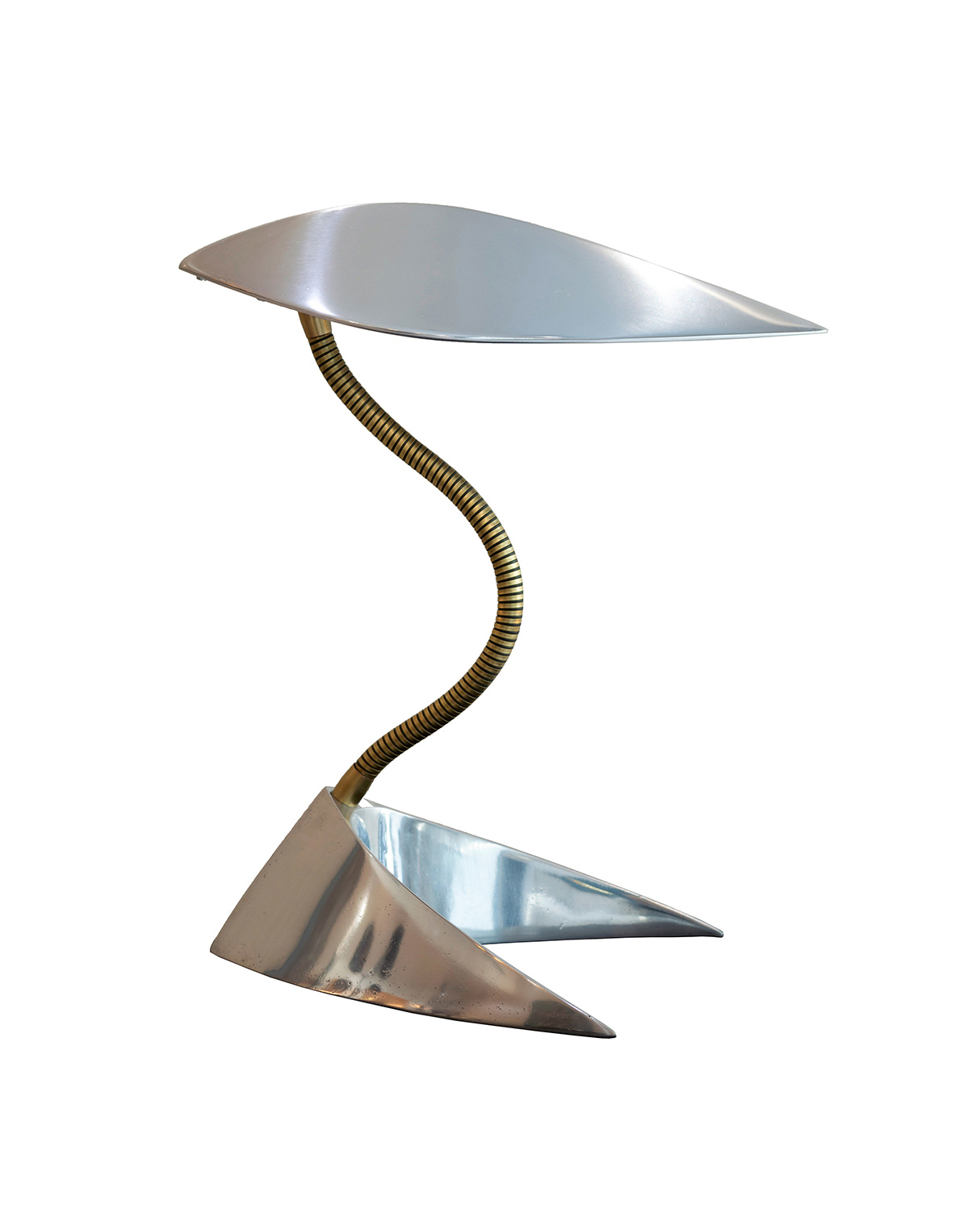 Kalimero is a table lamp made in polished aluminium and brass flexible neck